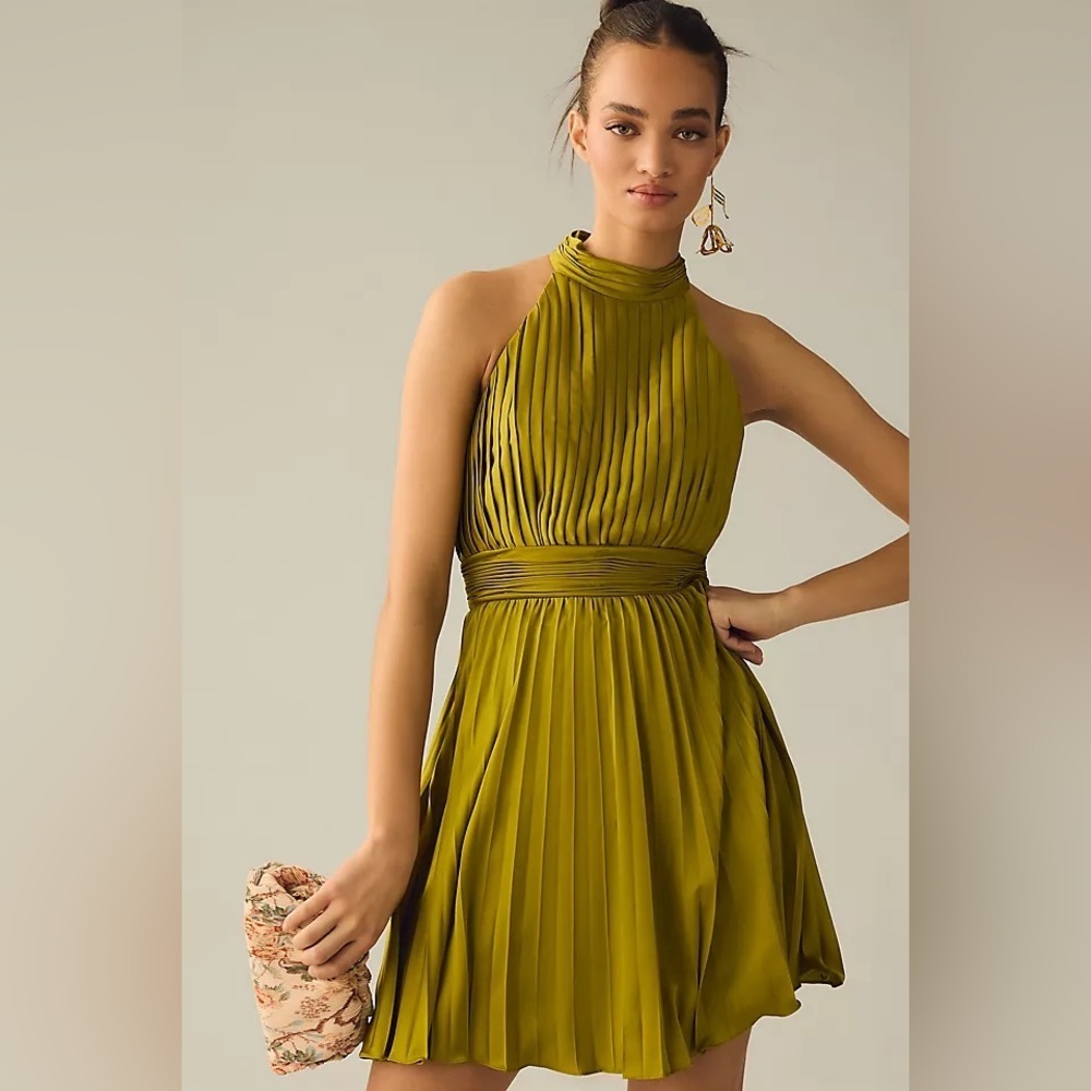 Mac Duggal Satin Pleated Olive Green Halter Dress - Picture 2 of 9